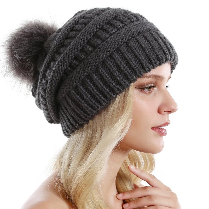 QUEENFUR Women Knit Slouchy Beanie Chunky Baggy Hat with Faux Fur Pompom Winter Soft Warm Ski Cap - Image 4
